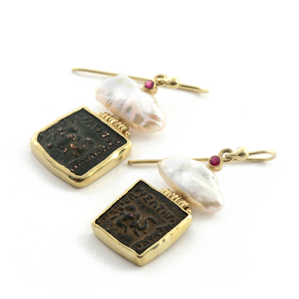 Thumbnail: 2nd Century BC Bactrian Coin, Freshwater Pearl and .06 ctw Ruby Earrings in 18k