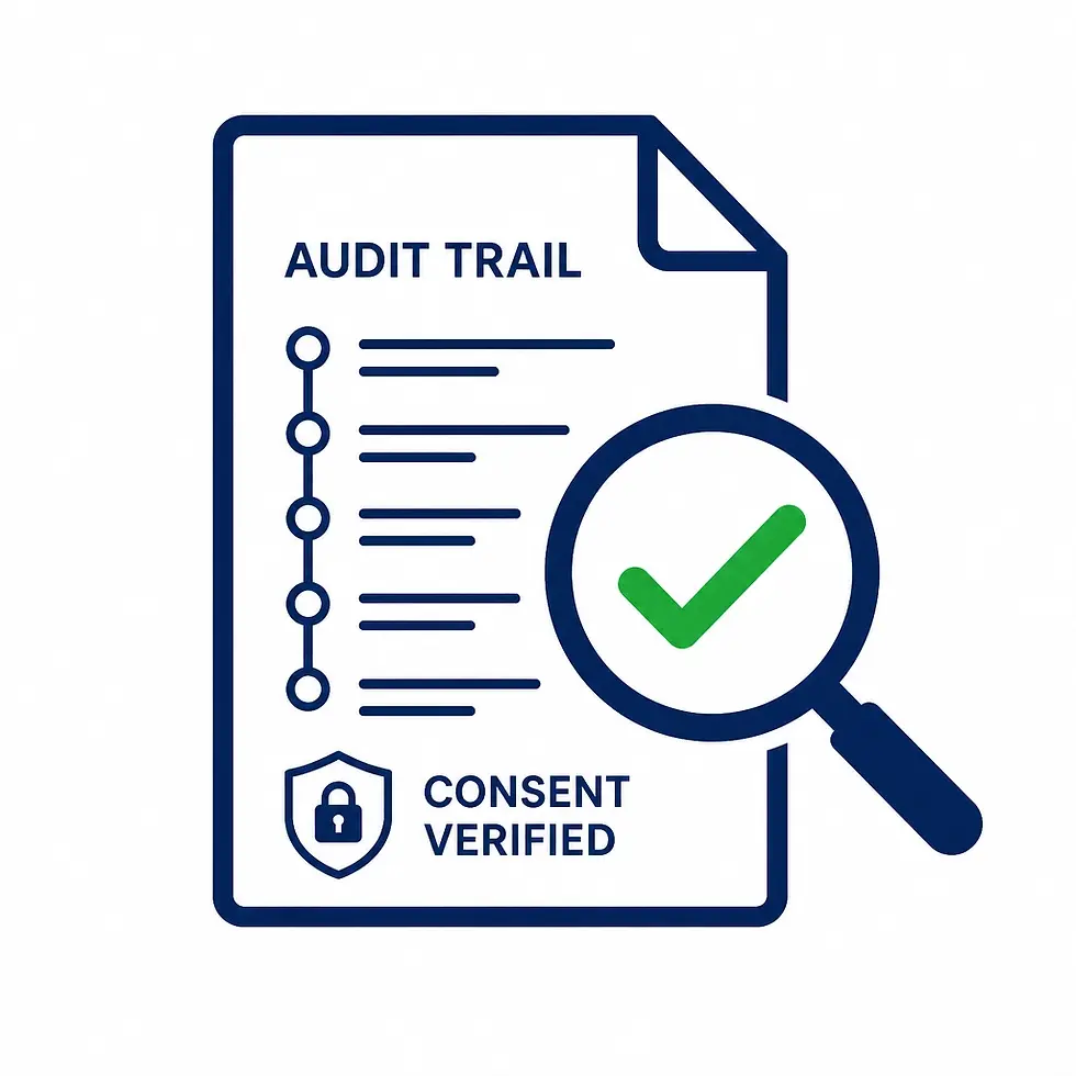 A clean, minimalist vector icon of a document with a magnifying glass and a green checkmark, representing a full audit trail and consent verification. Deep blue and white professional palette.