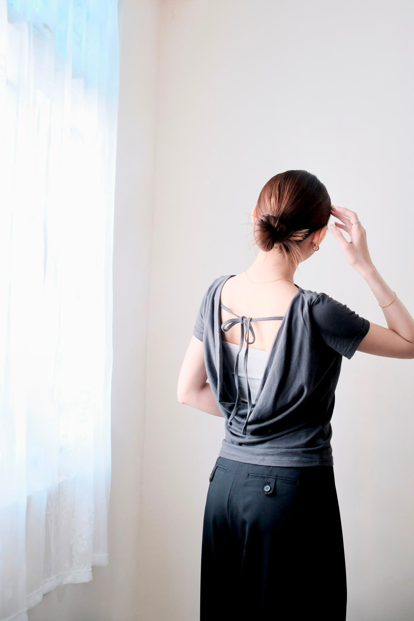 Charcoal back lace-up blouse