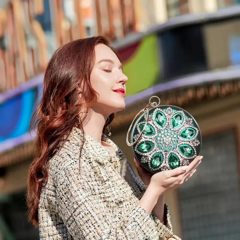 Thumbnail: Baptism Center Luxury Green Rhinestone Round Clutch – Crystal Evening & Wedding
