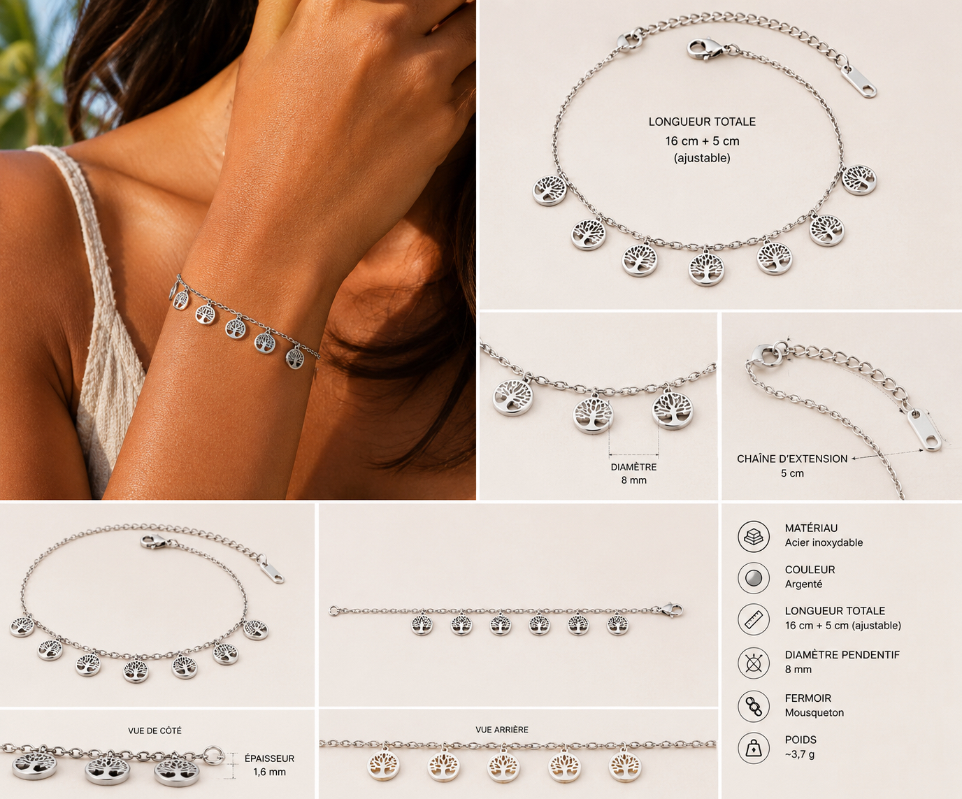 Bracelet acier inoxydable arbre de vie Abria – fait main | Côte d’Azur