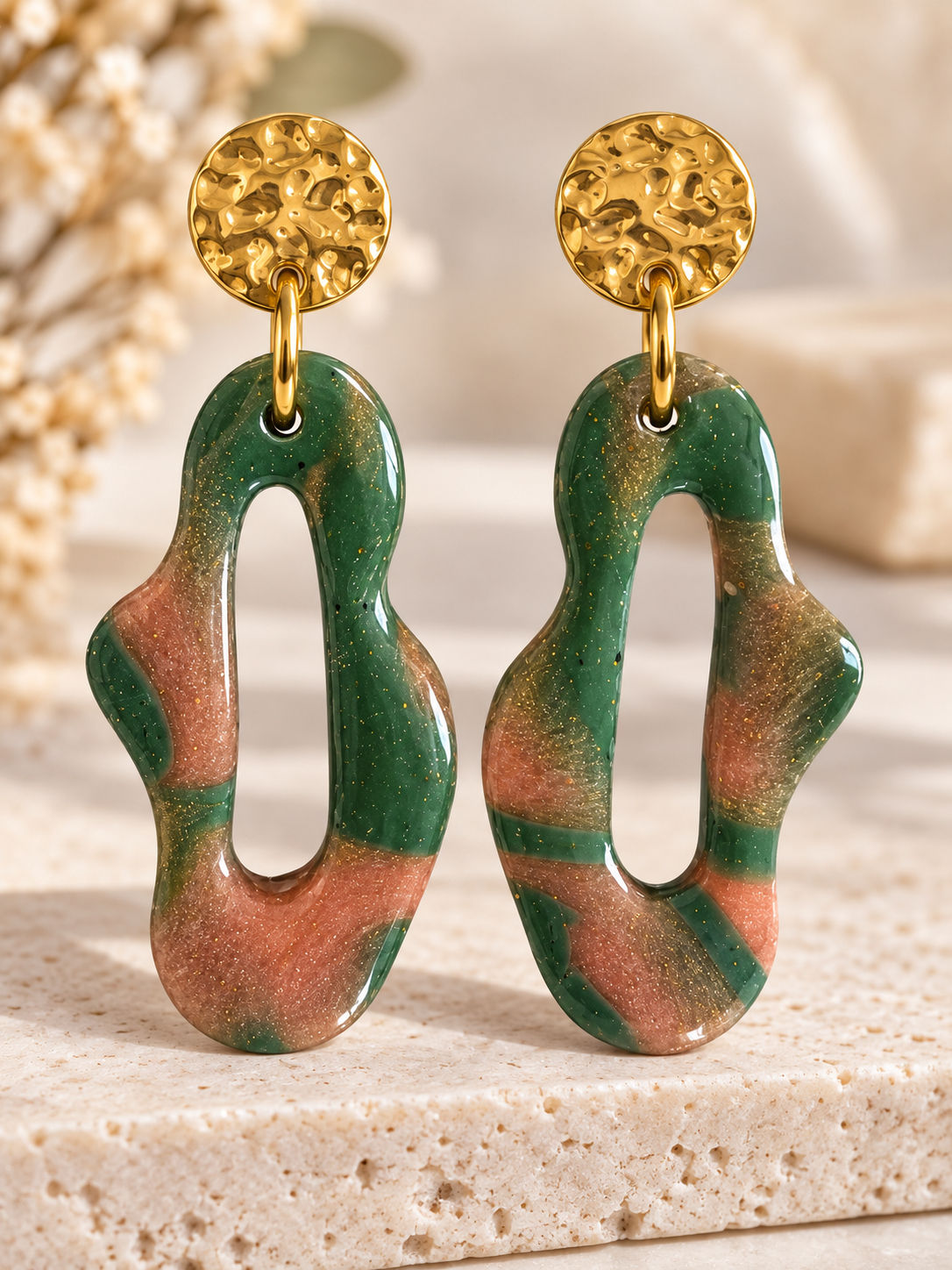 Boucles d’oreilles vert & rose marbré ESSENTIELLE