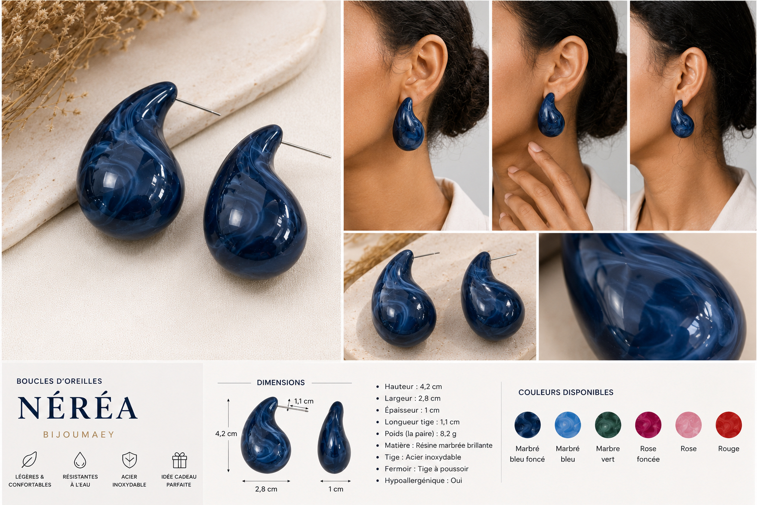 Boucles d'Oreilles acrylique Néréra – fait main | Côte d’Azur