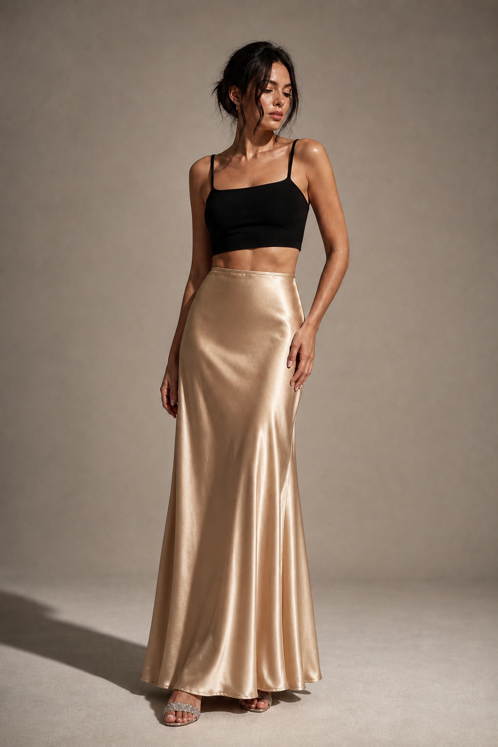 Silk-Look High Waist Satin Skirt