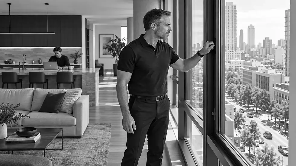 Protection officer checking the windows of a modern city apartment during a residential security assessment