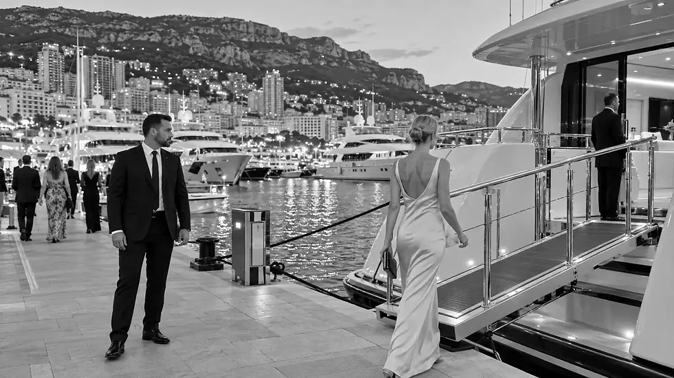 Client boarding a yacht at Port Hercule, Monaco, with discreet close protection