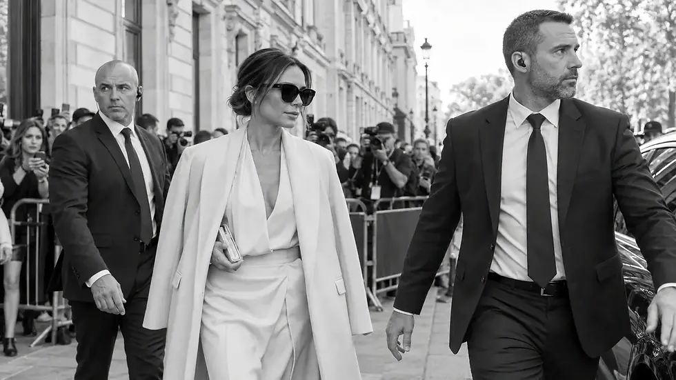 Personnalité franchissant une zone d'arrivée contrôlée devant un lieu de la Fashion Week à Paris avec deux agents de protection en civil