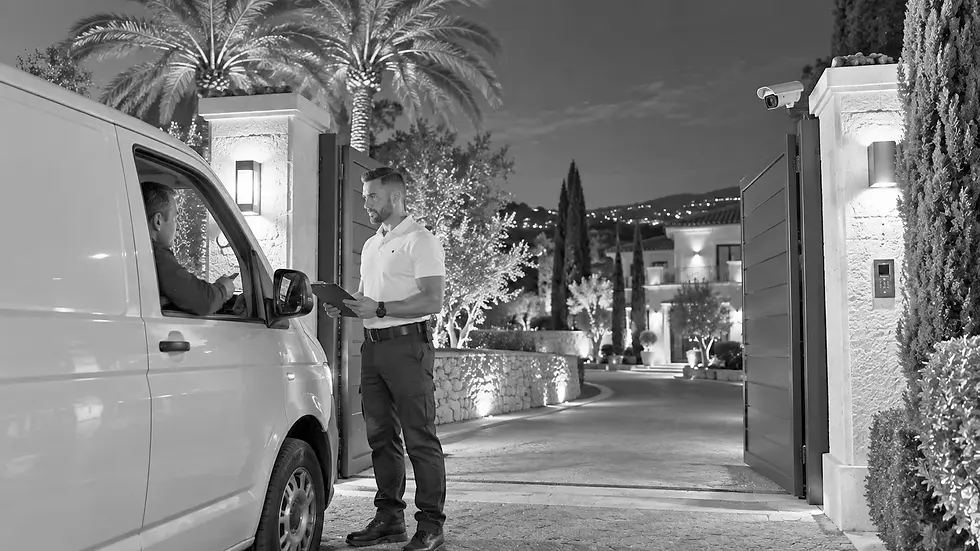 Security guard checking a delivery van at the gate of a villa near Nice at night