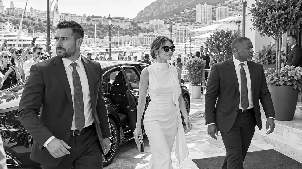 Guest escorted discreetly at a Monaco harbour event