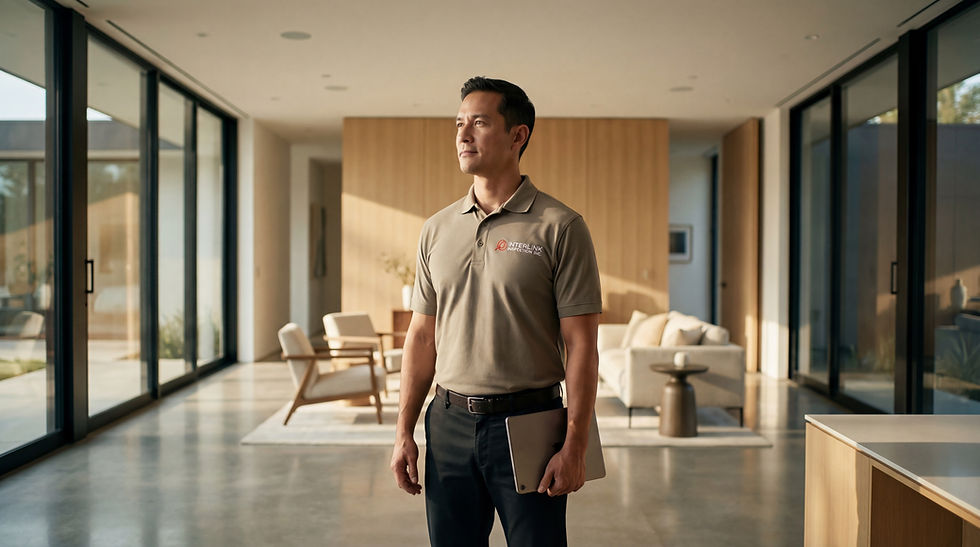 Interlink inspector reviewing property conditions inside a Southern California home