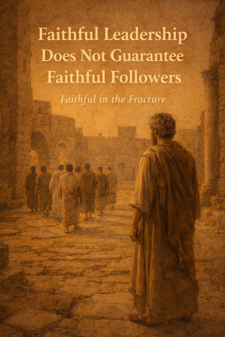 Ancient scene with people in robes walking through ruins. Sepia tone. Text: "Faithful Leadership Does Not Guarantee Faithful Followers."
