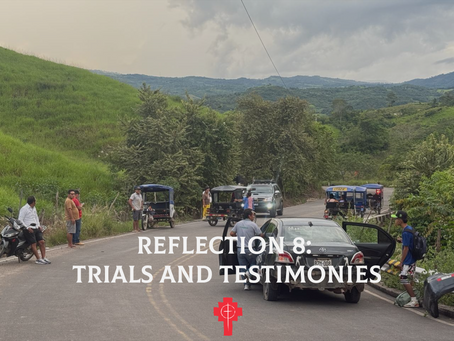 People and vehicles on a rural road with hills. Overcast sky. Large text: "Reflection 8: Trials and Testimonies" with a cross icon.