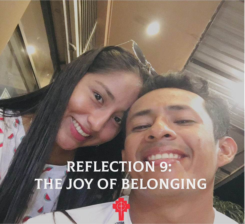 Smiling couple close together indoors under warm lighting, "Reflection 9: The Joy of Belonging" text overlay. Relaxed and happy mood.