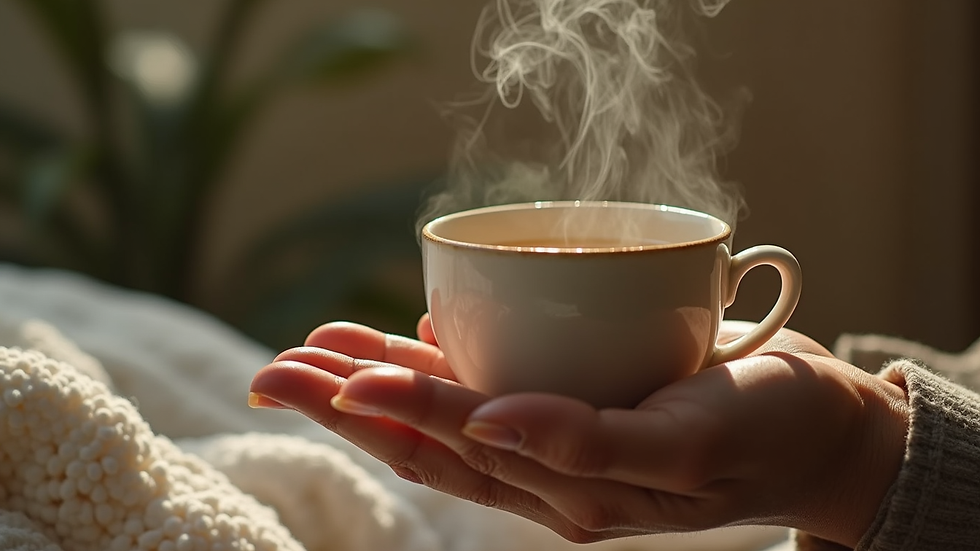 Vue rapprochée d’une main tenant un bol de tisane fumante, symbole de détente et de soin de soi