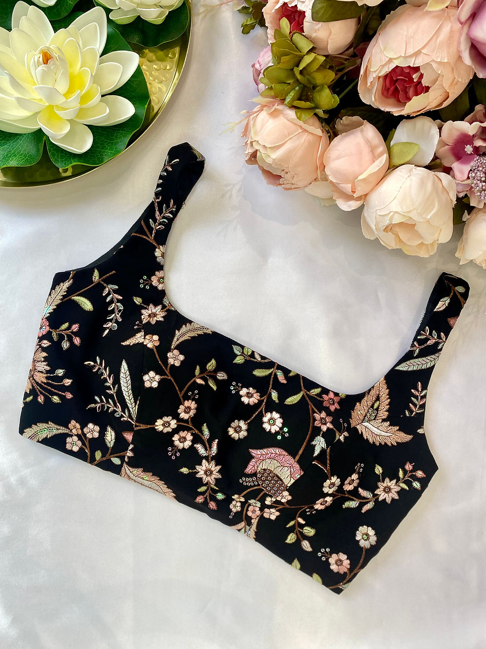 Black Floral Embroidered Square Cut Crop
