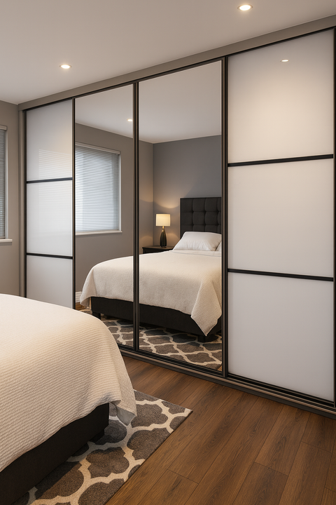 Sliding doors with pure white glass, mirror and black frames