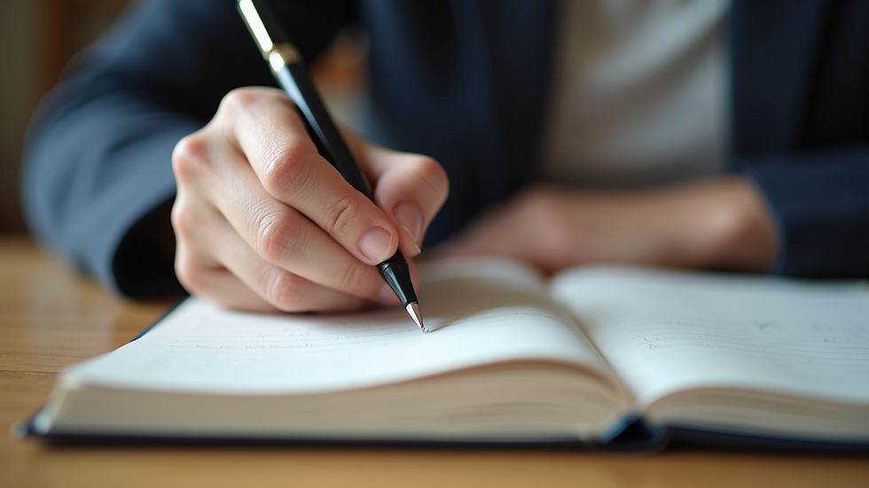 Eye-level view of a person writing goals in a journal with a pen