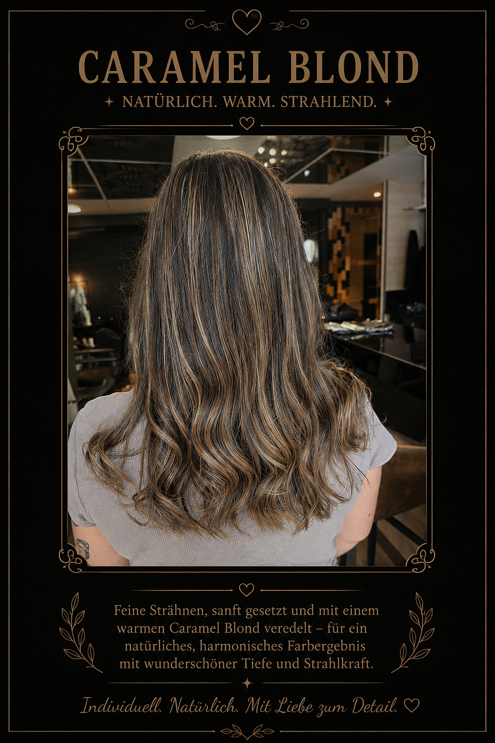 Meine Arbeit: Caramel Blond Haarfärbung mit sanften Wellen