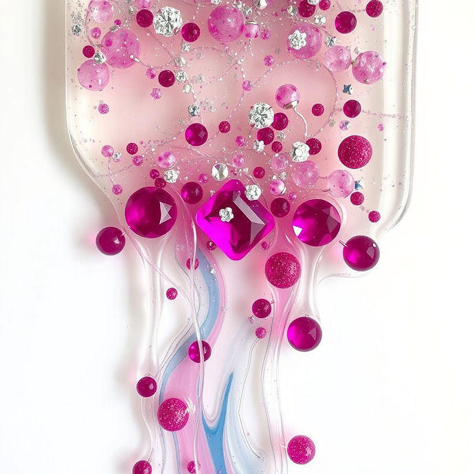 clear resin filled with glitter and diamonds and fuchsia gems dripping from the top into a