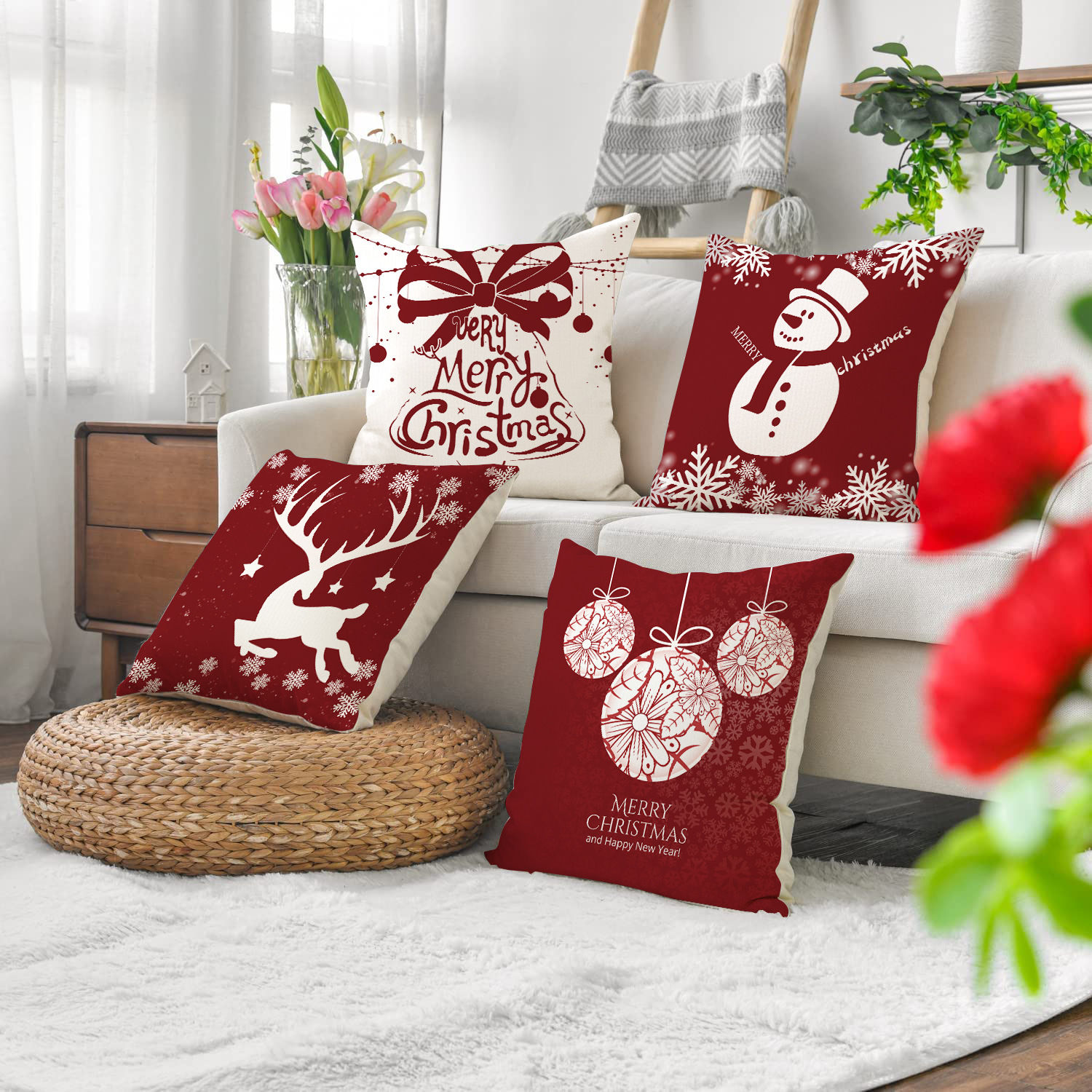 Christmas Pillow Cover with Snowman and Elk Design