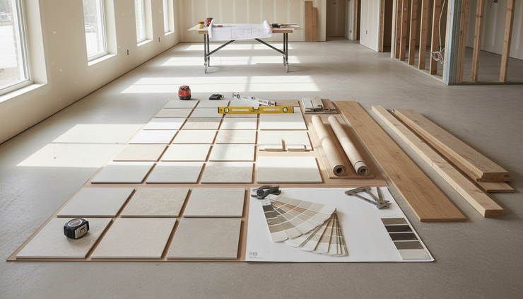 Wide-angle view of building materials arranged on a residential renovation site