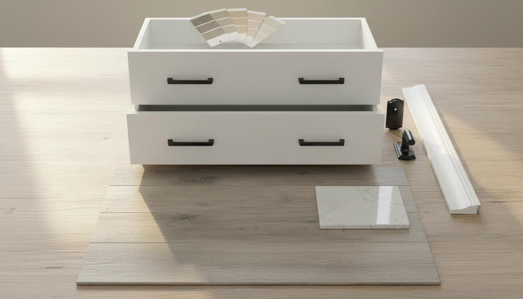 Overhead view of a bathroom vanity with flooring paint trim cabinet hardware and door handle samples