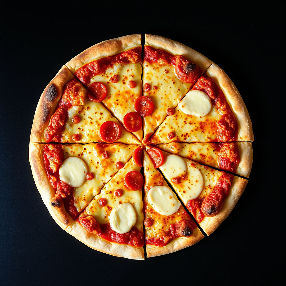 Pizza split into several pieces.