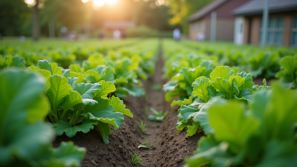 Eye-level view of lush green vegetable beds at a community farm