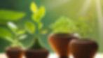 earthen vessels with different plants healthily growing, with sunbeam and water droplets a