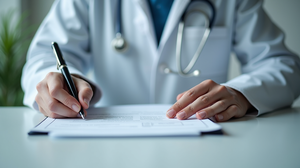 Close-up view of a healthcare professional reviewing licensing documents