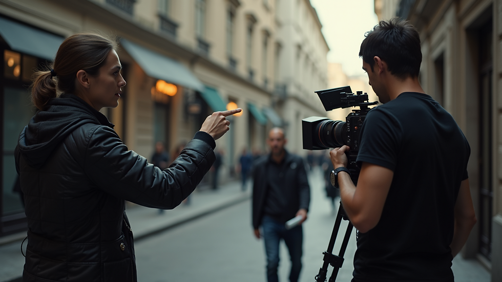Eye-level view of a filmmaker directing a scene on set