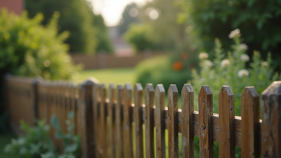 Eye-level view of a wooden fence surrounding a garden
