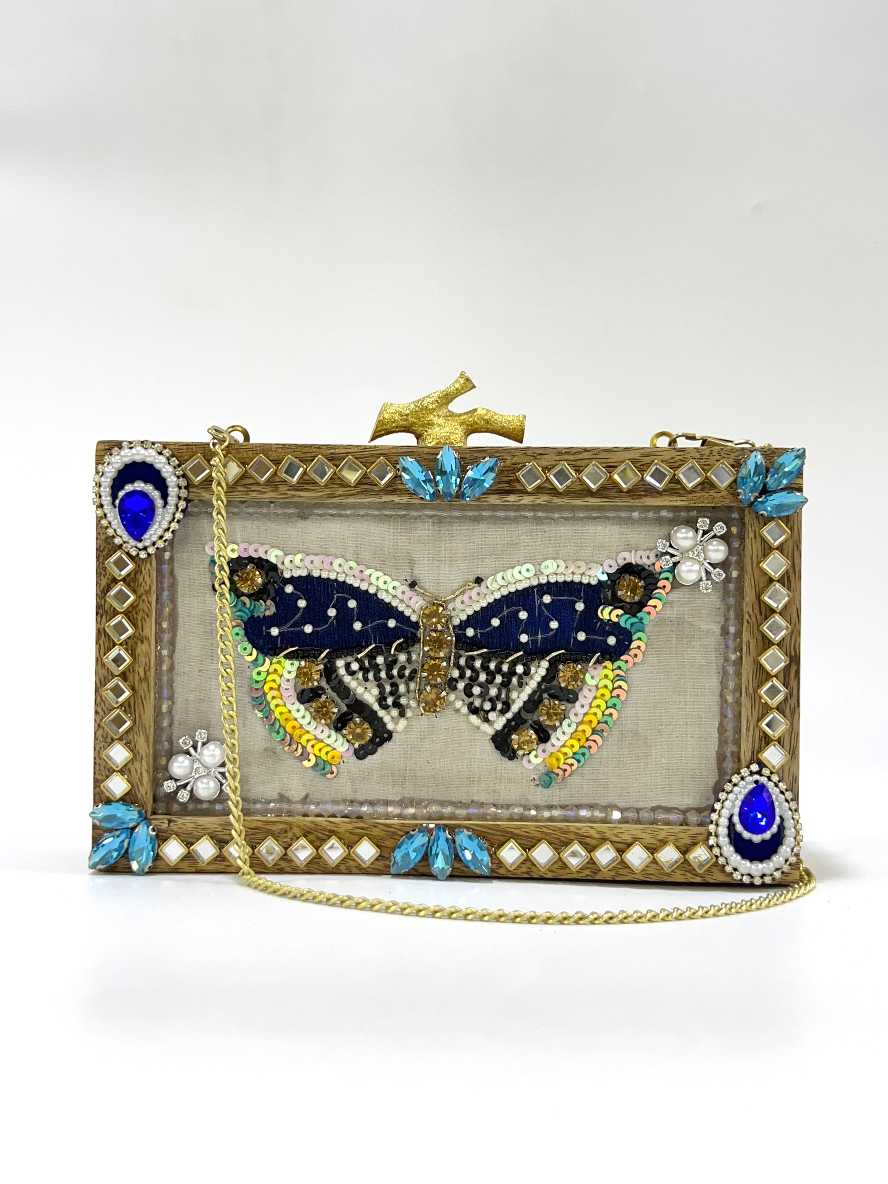 Kundan Wooden Clutch with Hand Embroidery