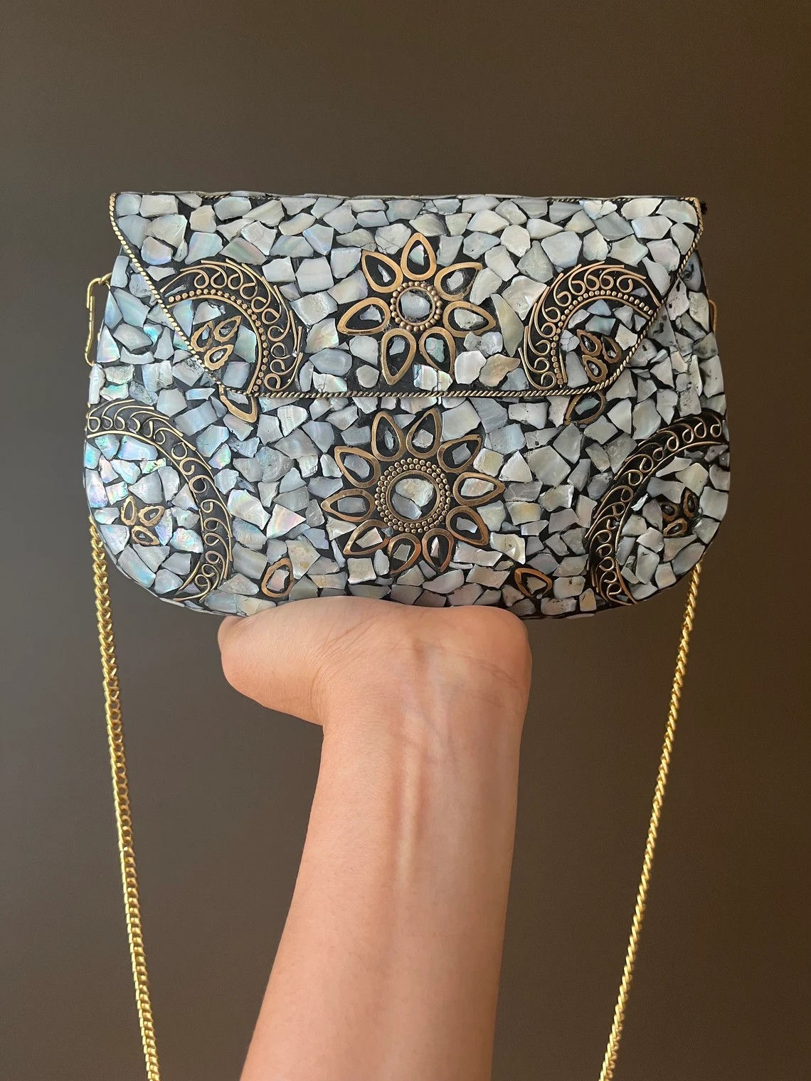 Elegant Handcrafted Metal Mosaic Clutch – Artistic Sophistication