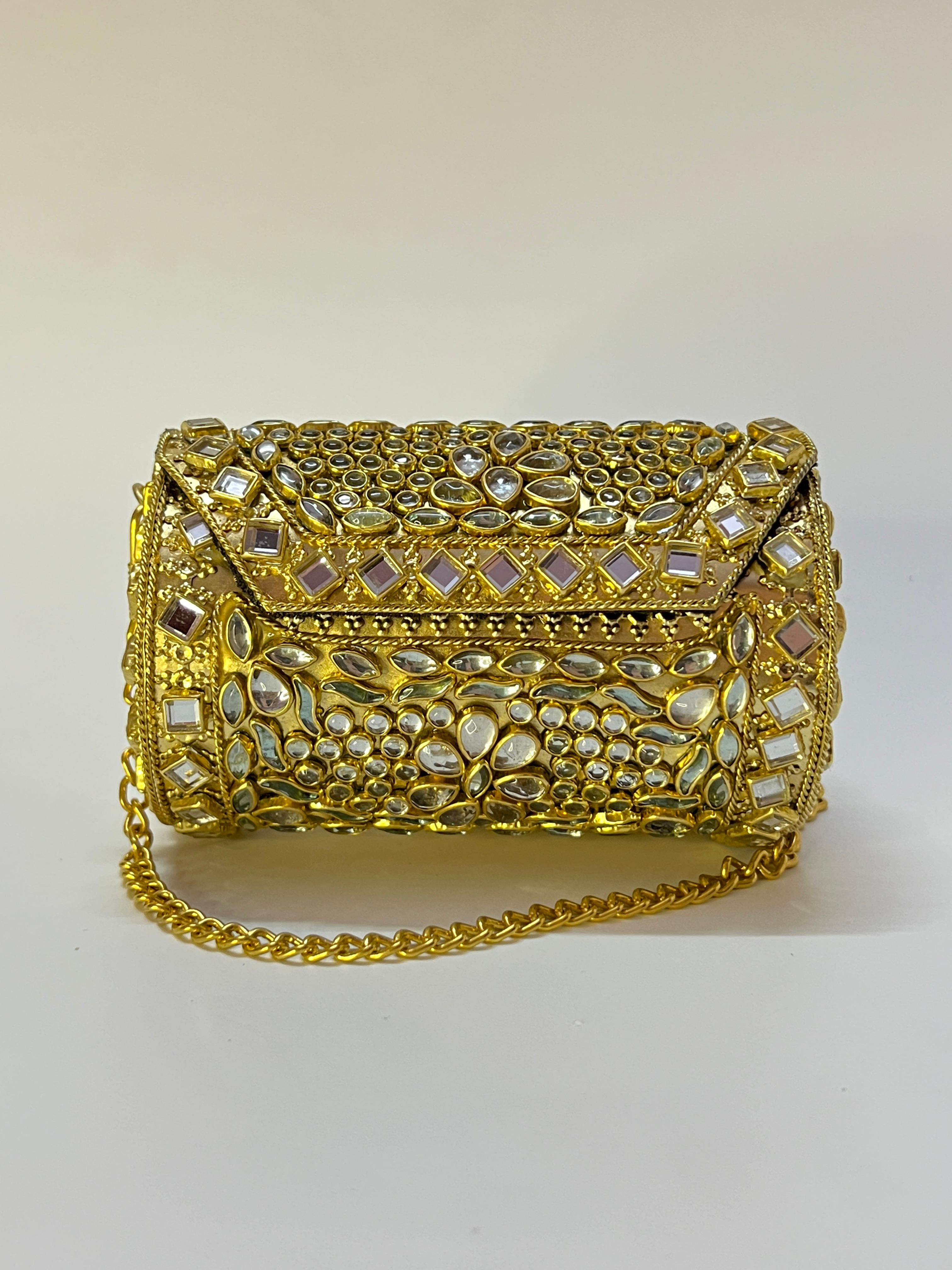 Vintage Style Kundan Mosaic Clutch – Ethnic Metal Evening Purse