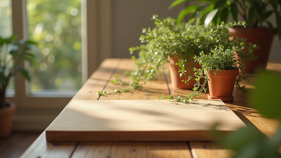 Plano detalle de una mesa de madera con plantas y luz natural