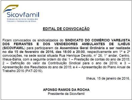 Edital de Convocação de Assembleia Geral Ordinária 2016 da Sicovfamil