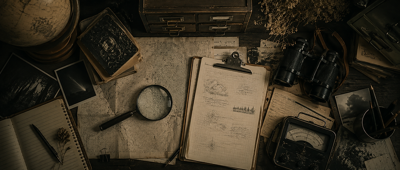 Research tools such as looking glass, binoculars, clip boards, pens, and maps