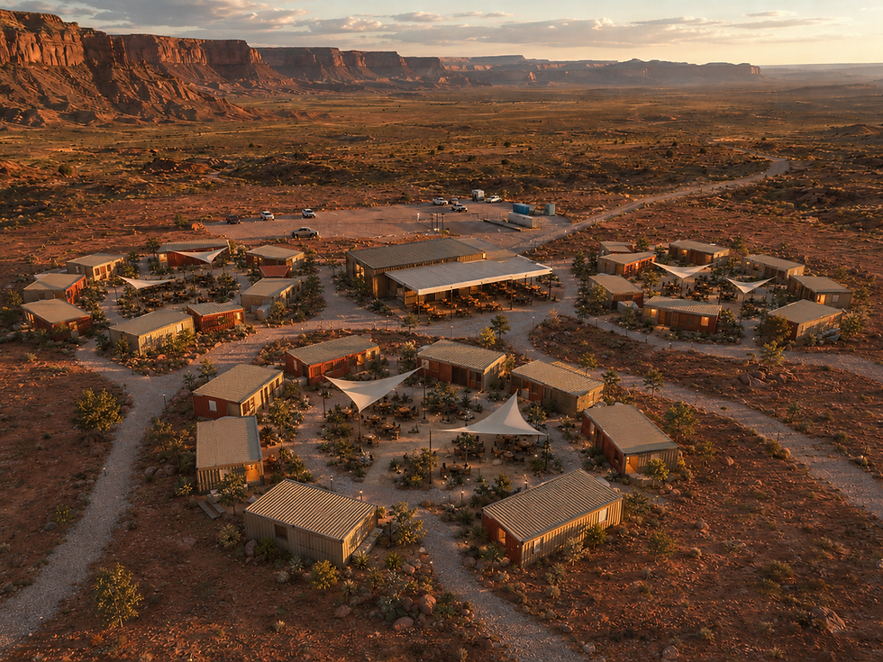 Base Camp by Boma desert workforce housing village with modular container housing, shared amenity hub, shaded courtyards, and crew housing clusters.