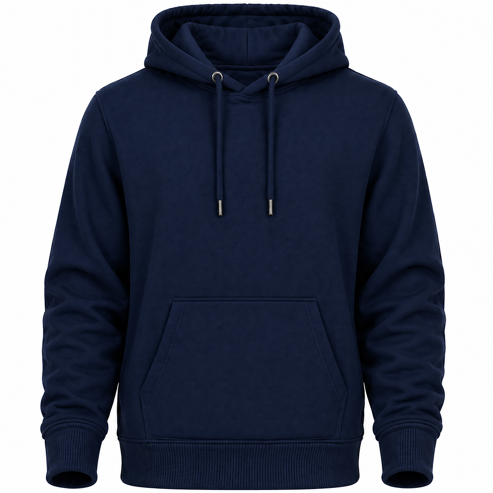 navy blue hoodie front view with kangaroo pocket
