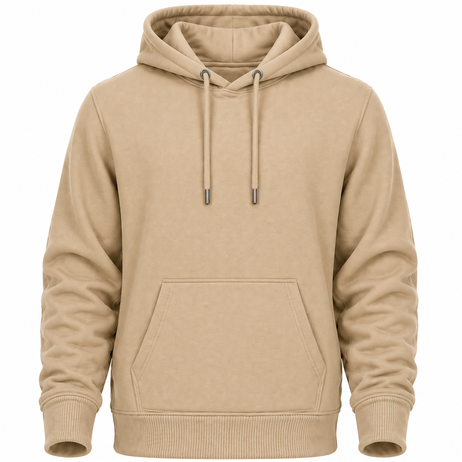 tan hoodie front view with kangaroo pocket