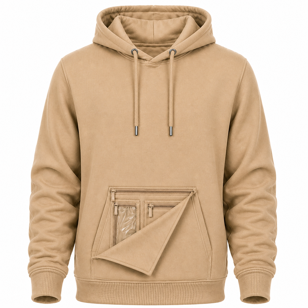 tan hoodie front view with kangaroo pocket