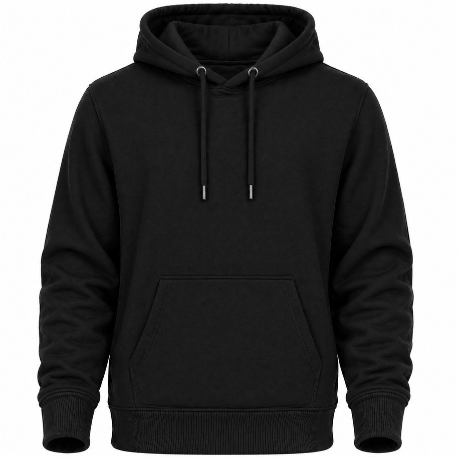 black hoodie front view with kangaroo pocket
