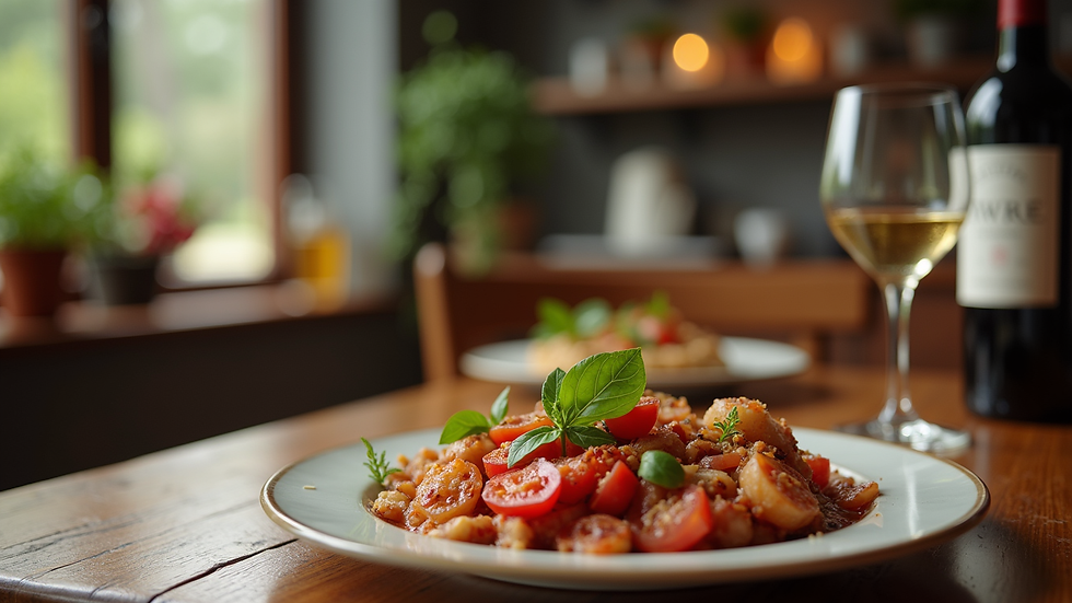 Close-up view of a wine glass and Italian antipasto plate on wooden table