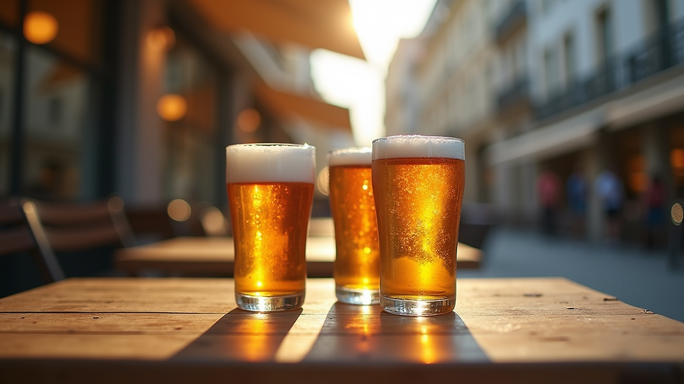 High angle view of craft beer glasses on wooden table at outdoor terrace