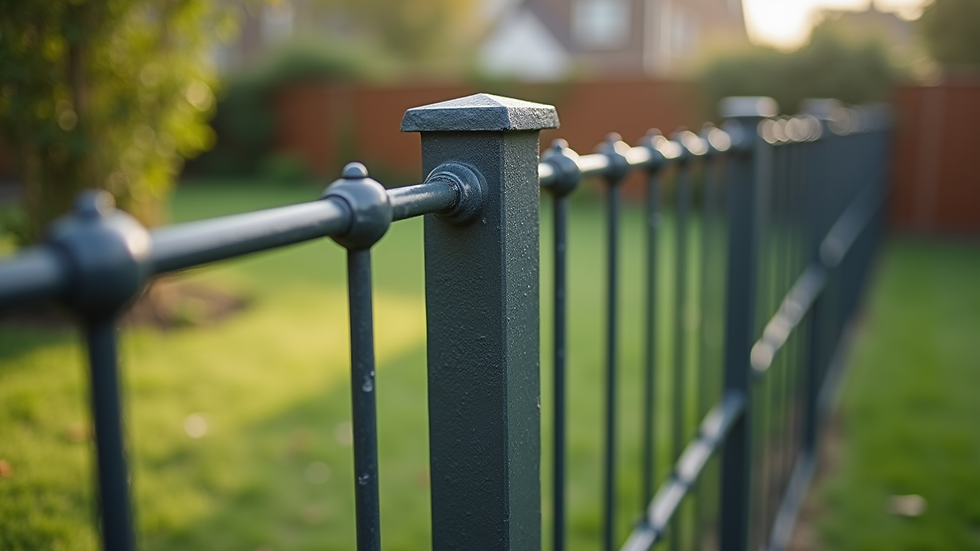 Close-up view of metal fence posts being installed in a garden