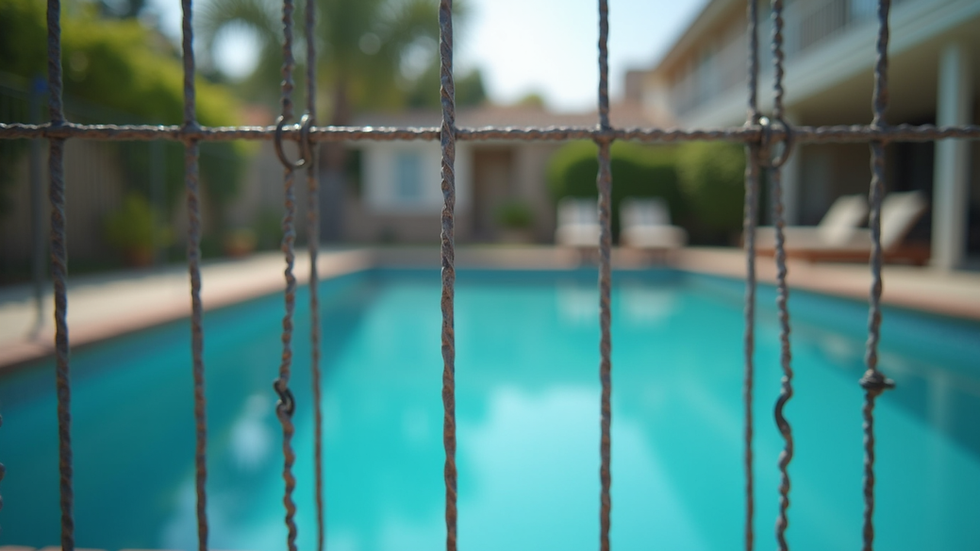 Eye-level view of a sturdy metal pool fence surrounding a residential pool