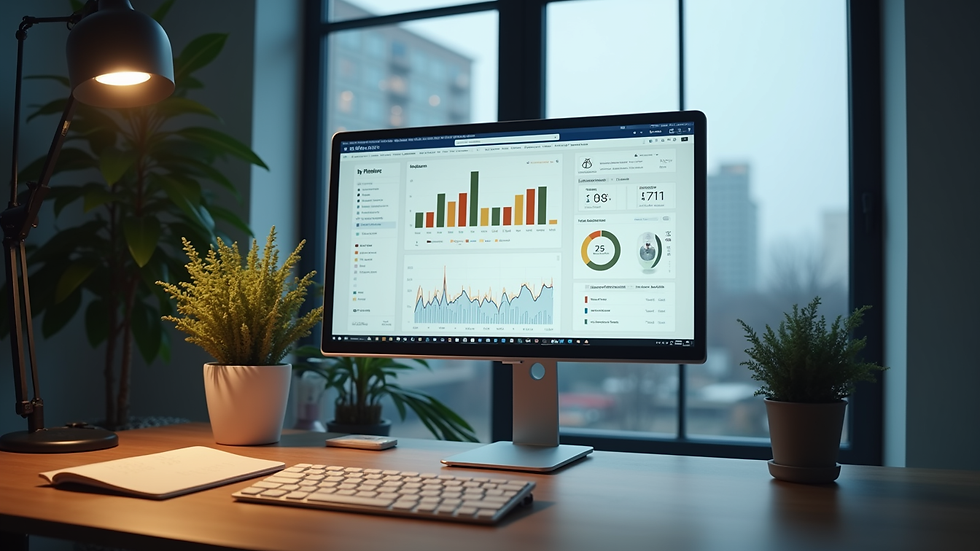 Eye-level view of a desk with a computer screen showing sales performance dashboard