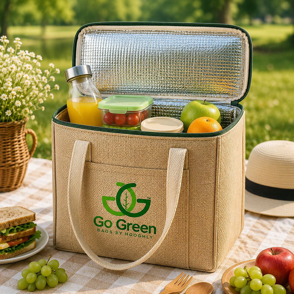 Insulated jute Eco-friendly isothermal cooler bag with thermal lining by Go Green Bags, reusable isothermal lunch and picnic bag for keeping food fresh, sustainable grocery and food delivery packaging solution