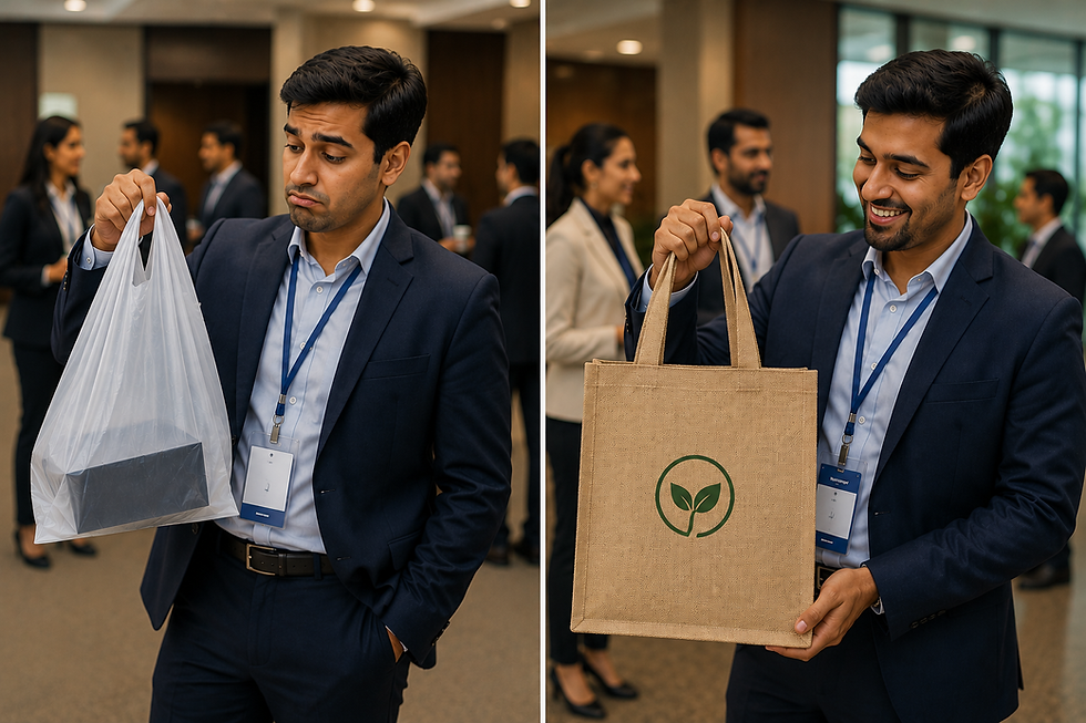 Professional comparing a plastic bag and a custom jute bag at a corporate event, highlighting sustainable branding and eco-friendly corporate gifting